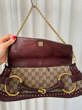 Gucci Burgundy Leather and Canvas Monogram Horsebit Clutch