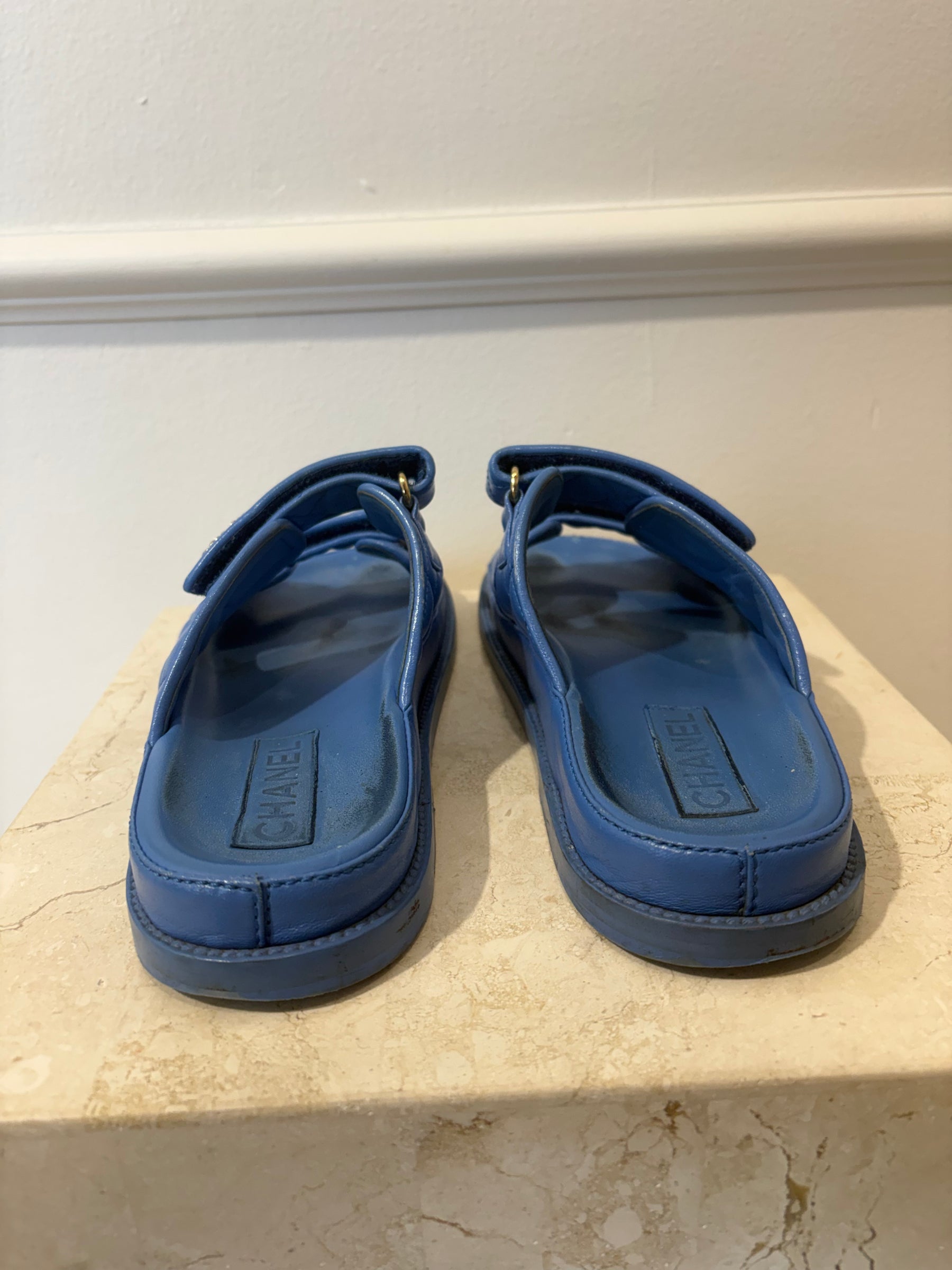 Chanel Sky Blue Quilted Leather Backless Dad Sandals, 39C
