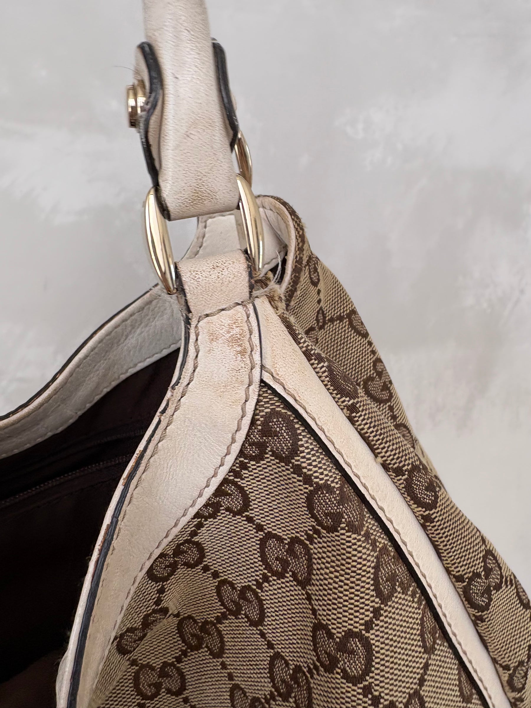Gucci Canvas Monogram and White Leather Abbey D Ring Hobo Bag