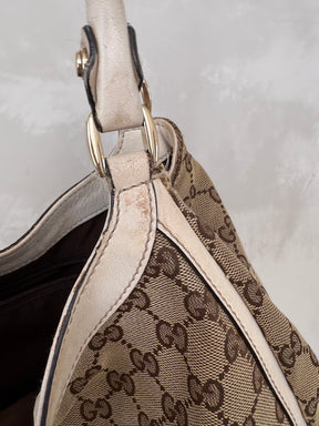 Gucci Canvas Monogram and White Leather Abbey D Ring Hobo Bag