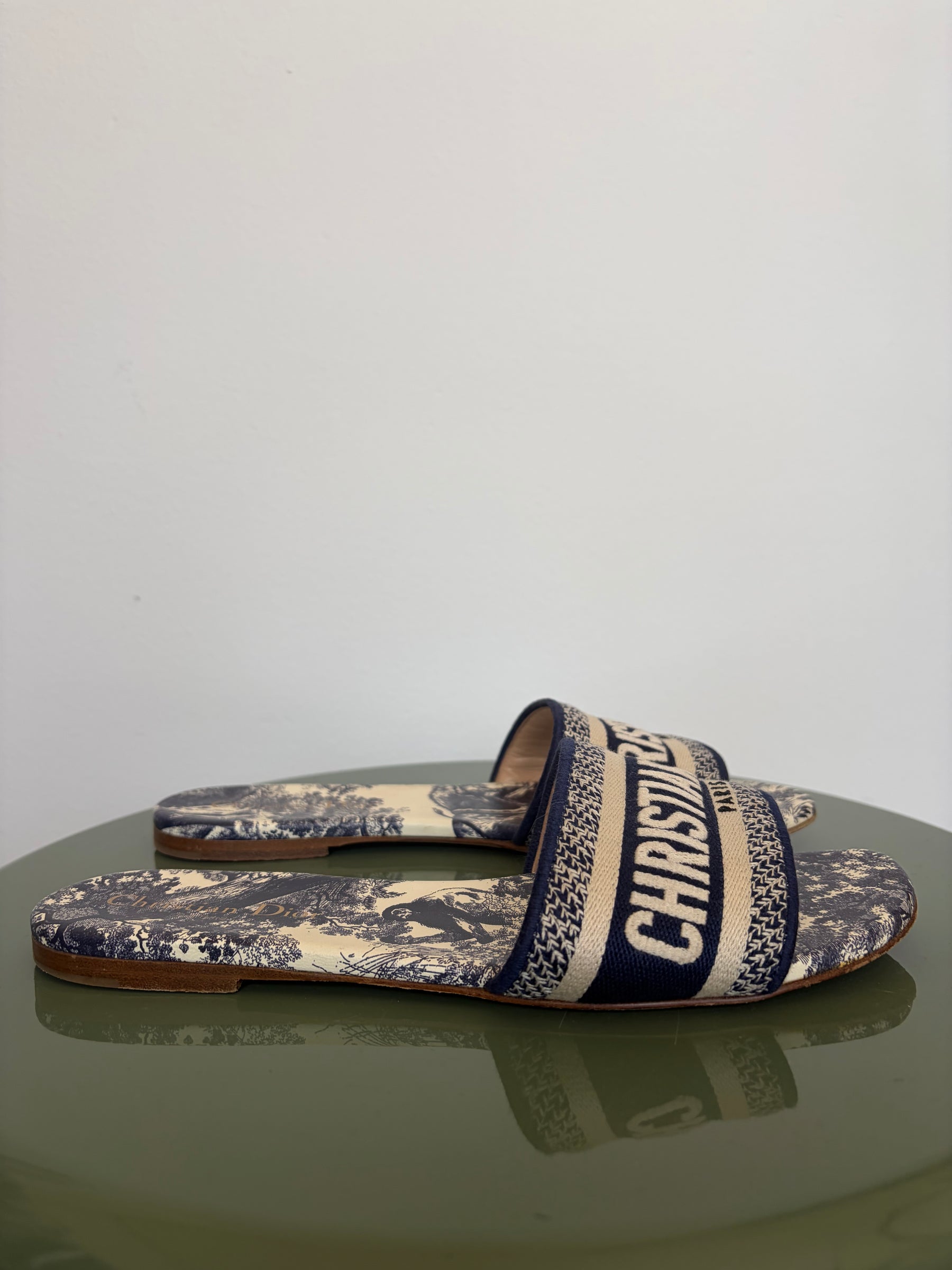 Dior Navy and White Toile De Juoy D way Slides, 38