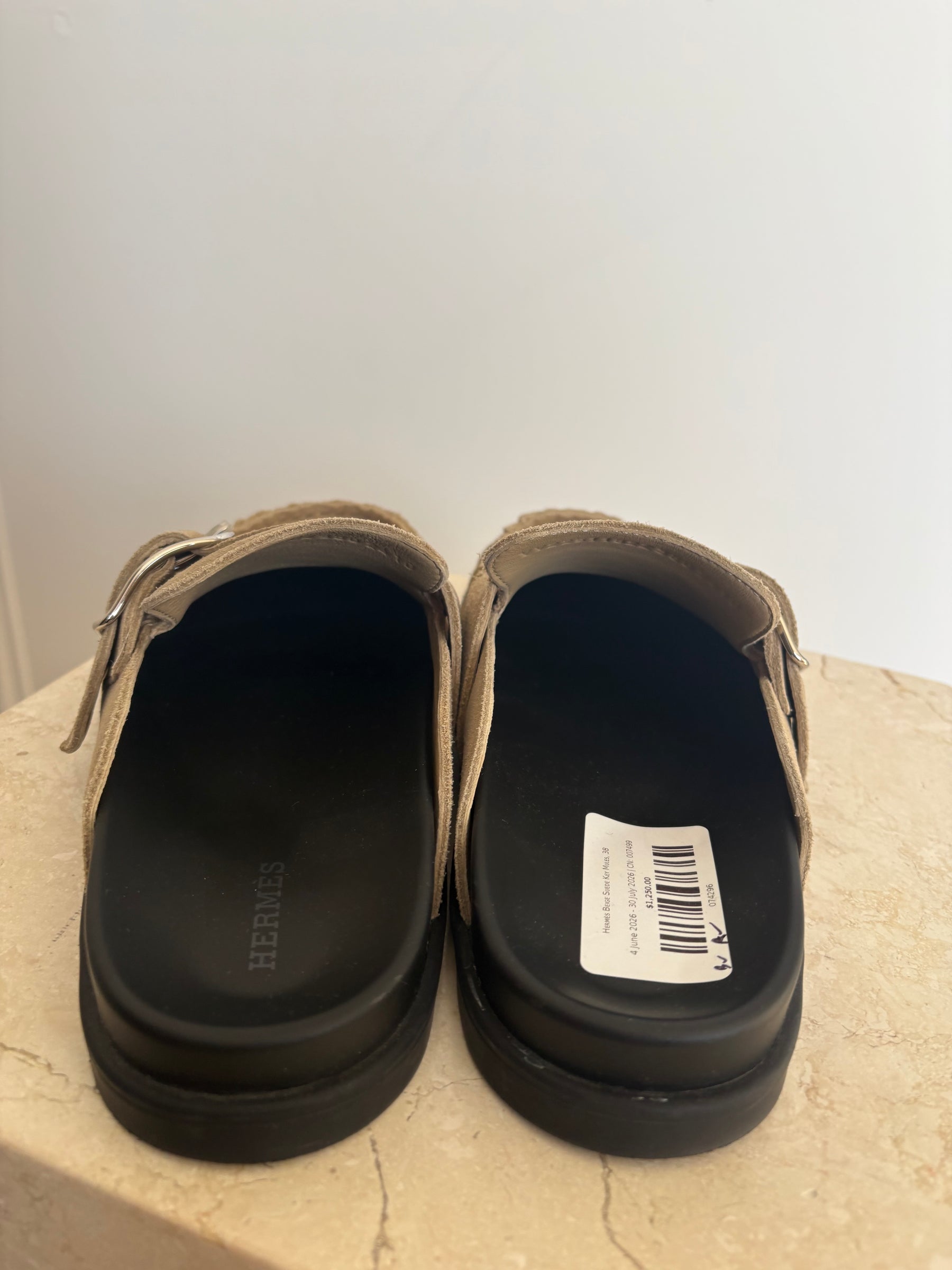 Hermès Beige Suede Key Mules, 38