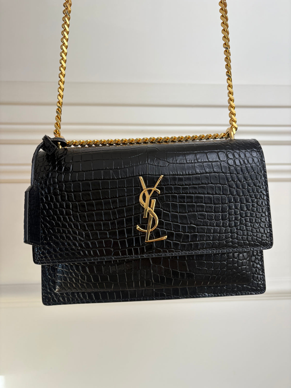 Saint Laurent Black Croc Embossed Sunset Bag