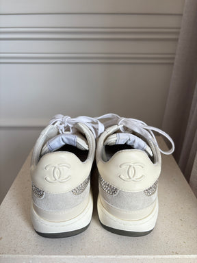 Chanel White and Grey Leather Suede Crystal Sneakers, 38.5