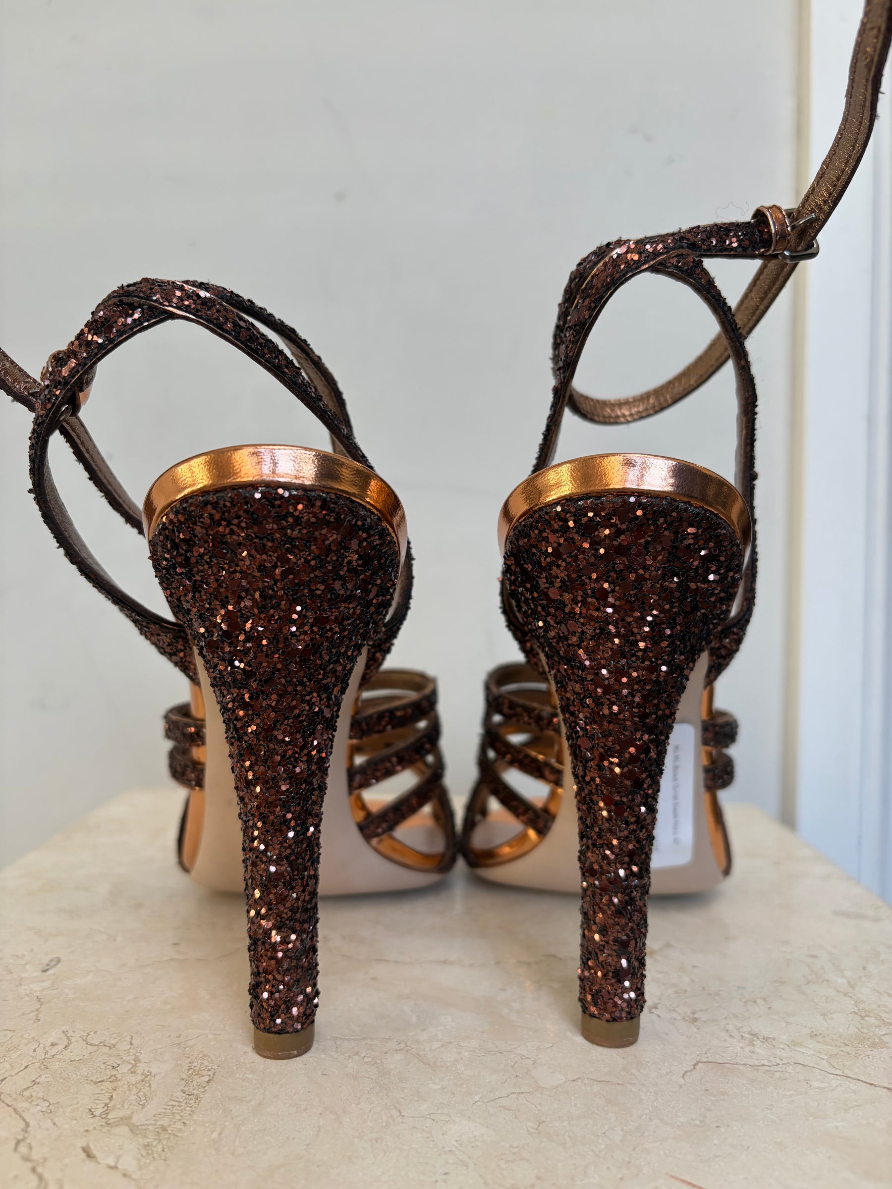 Miu Miu Bronze Glitter Strappy Heels, 40