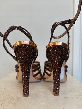 Miu Miu Bronze Glitter Strappy Heels, 40