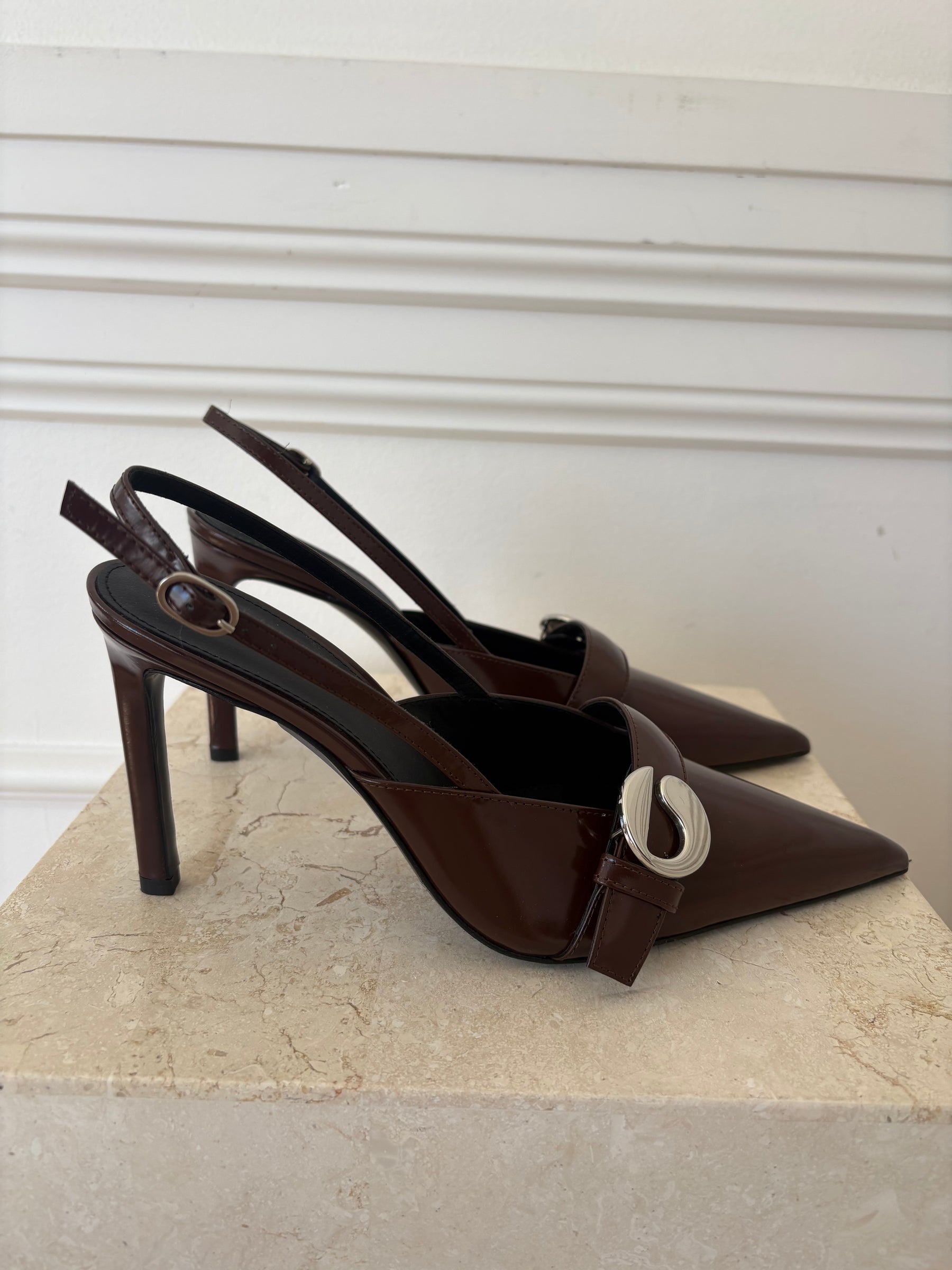 Coperni Brown Brushed Leather Belt Pointed Slingbacks, 40