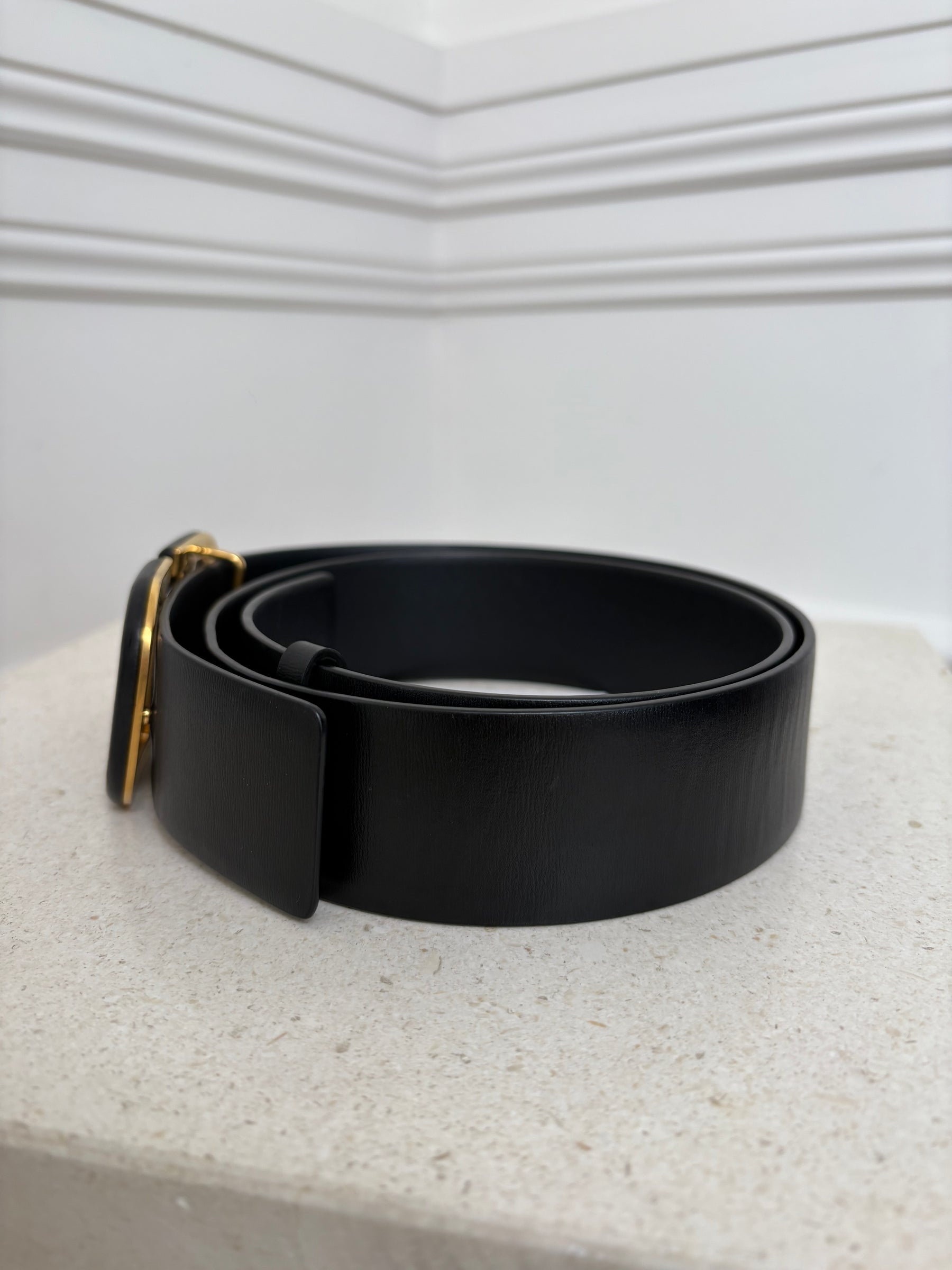 Valentino Garavani Black on Black Leather Logo Belt, 80