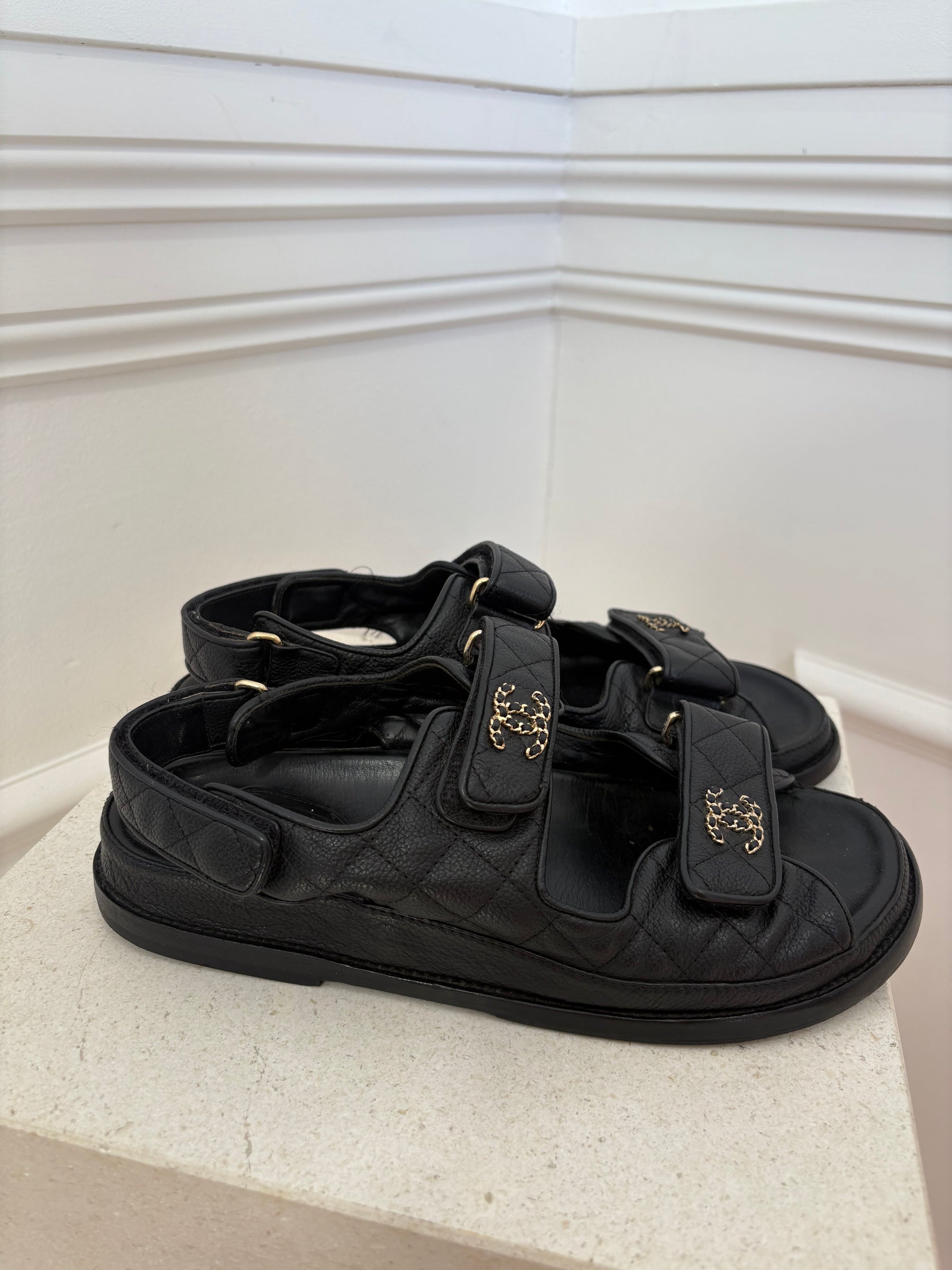 Chanel Black Caviar Leather Dad Sandals, 39