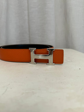 Hermès Black and Orange Leather Reversible H Buckle Belt in Silver, 90cm