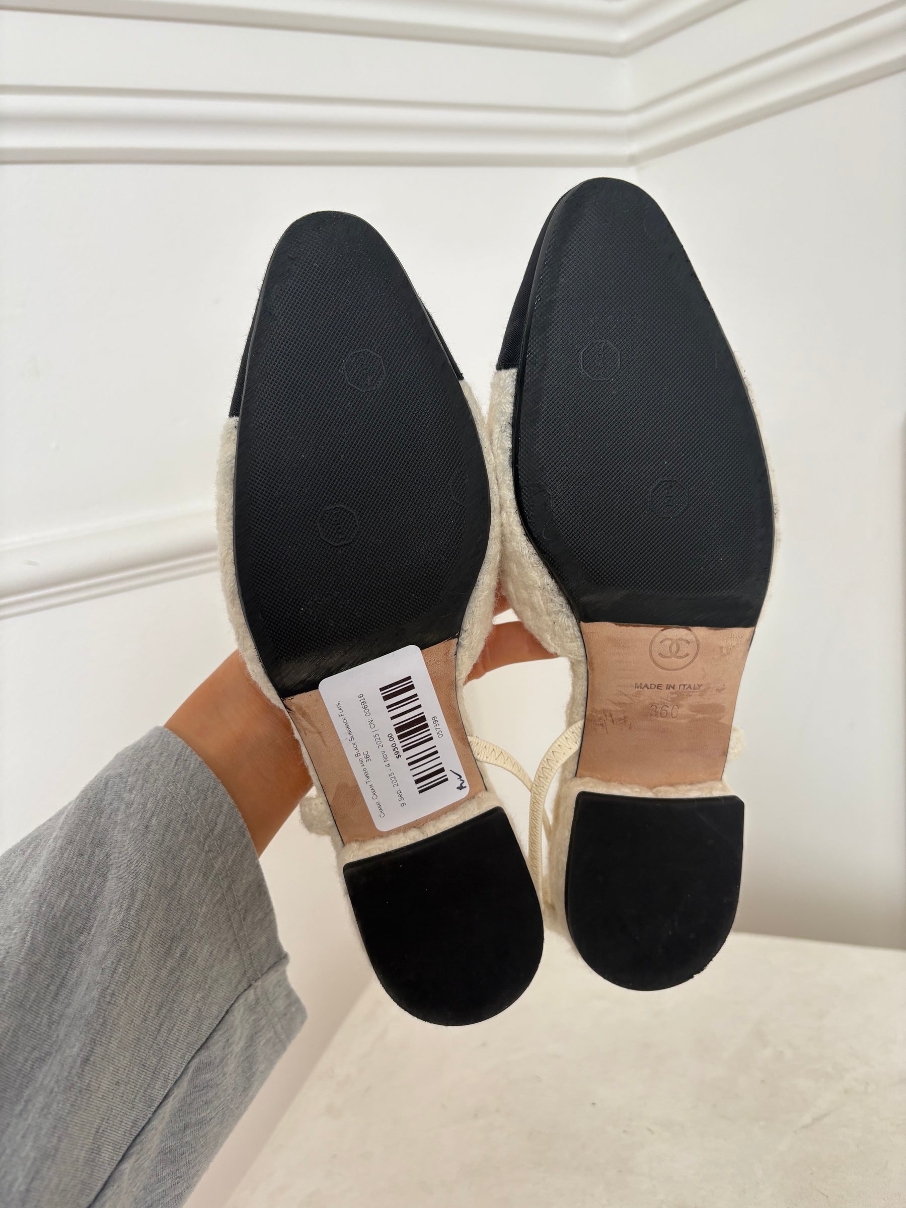Chanel Cream Tweed and Black Slingback Flats, 36C