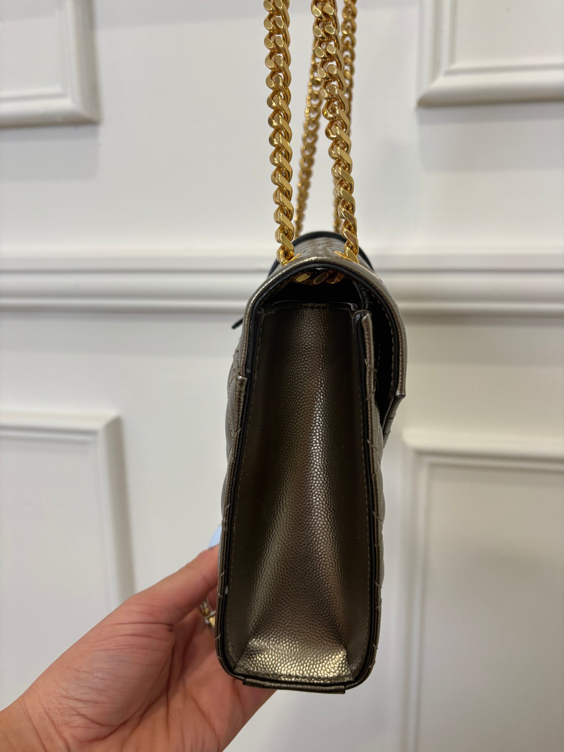 Saint Laurent Pewter Grained Leather Tri-QuiltEnvelope Bag