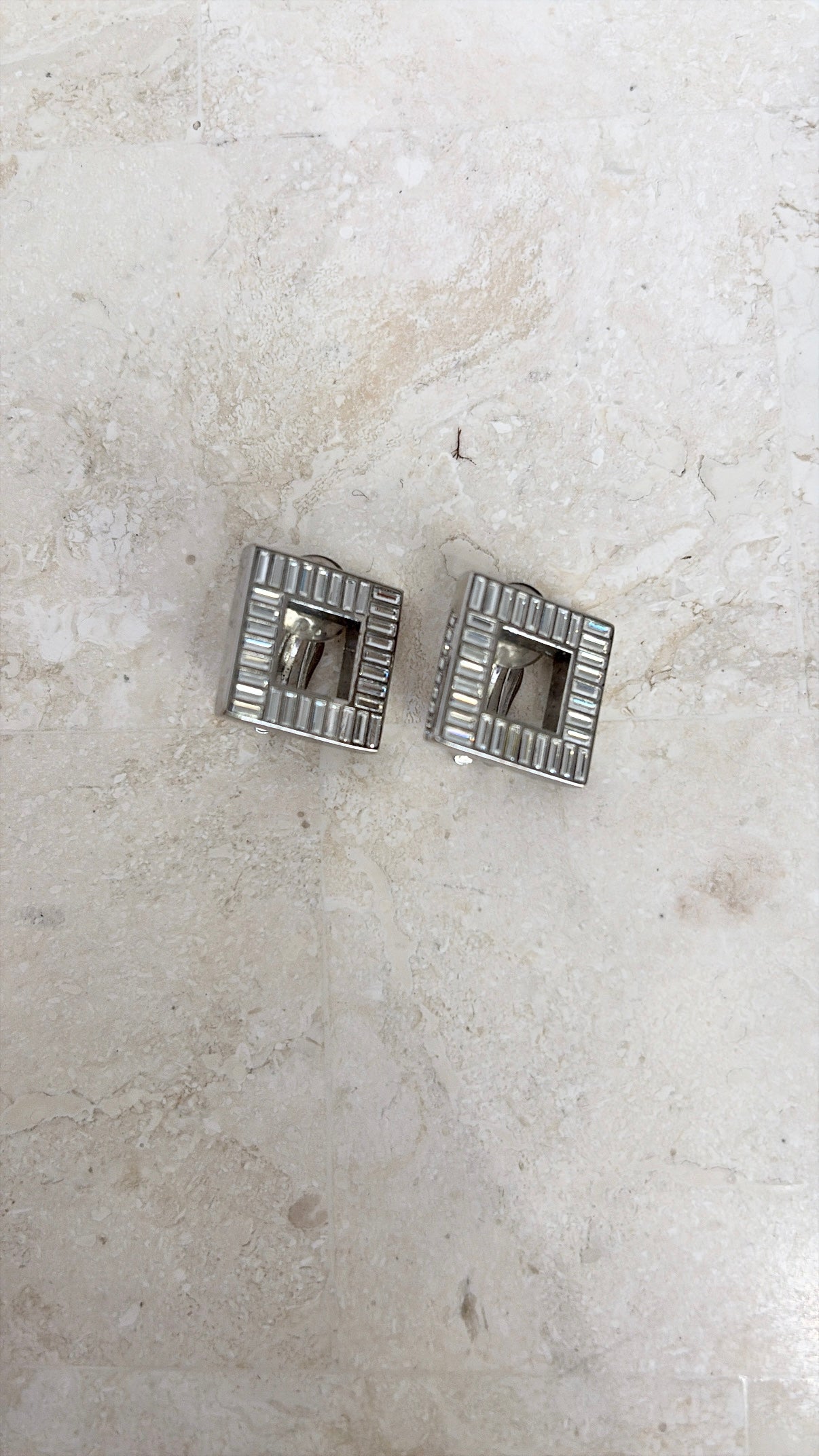 Saint Laurent Silver Crystal Square Clip on Earrings