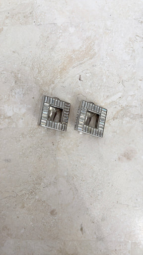 Saint Laurent Silver Crystal Square Clip on Earrings
