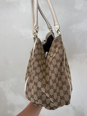 Gucci Canvas Monogram and White Leather Abbey D Ring Hobo Bag