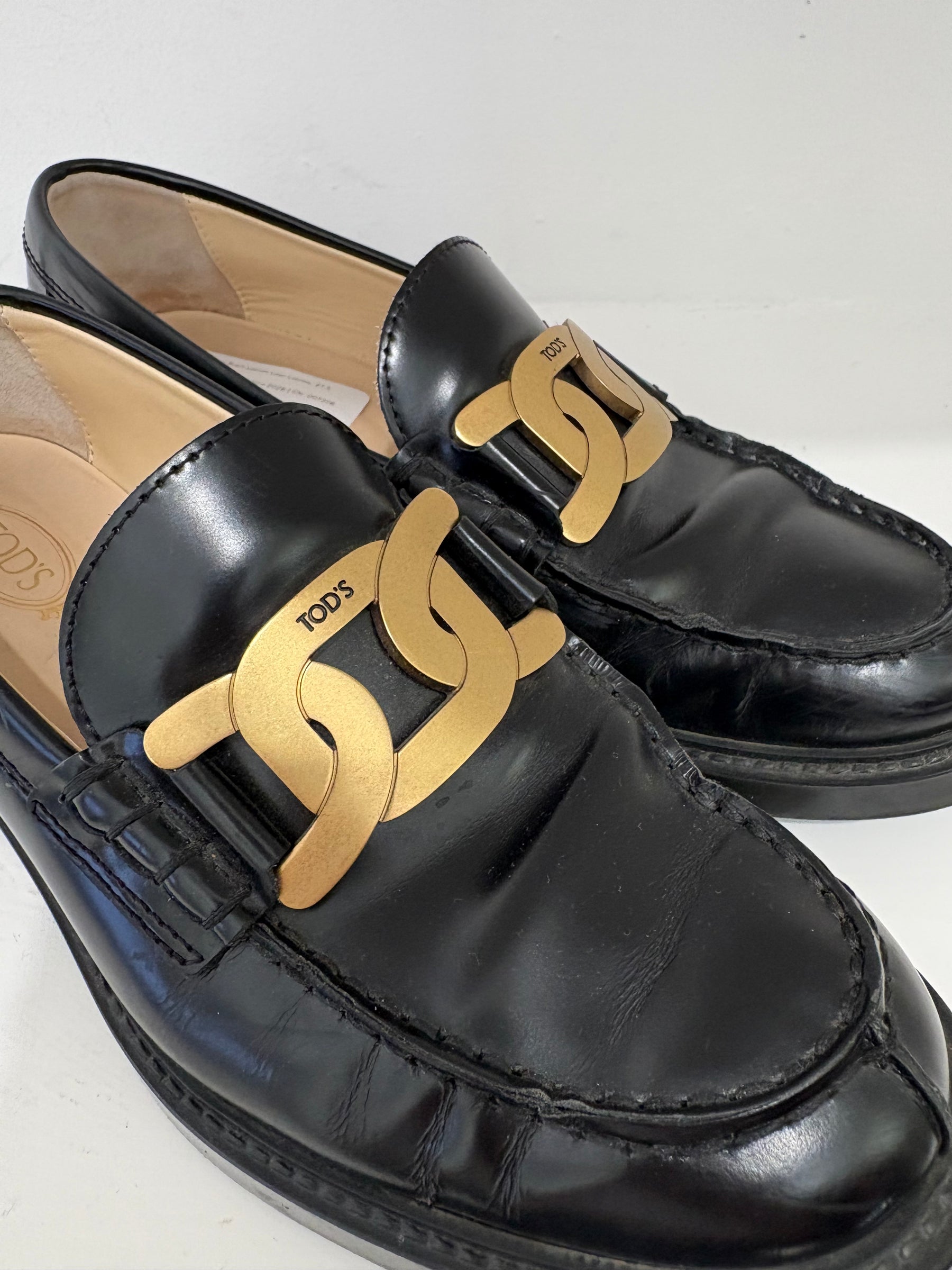 Tod's Black Leather Logo Loafers, 37.5