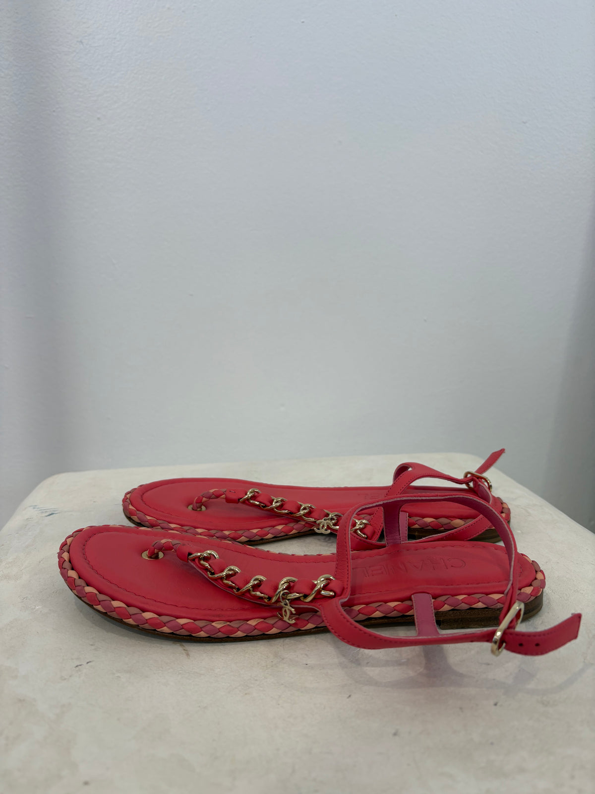 Chanel Pink Leather Chain T Bar Sandals, 37C