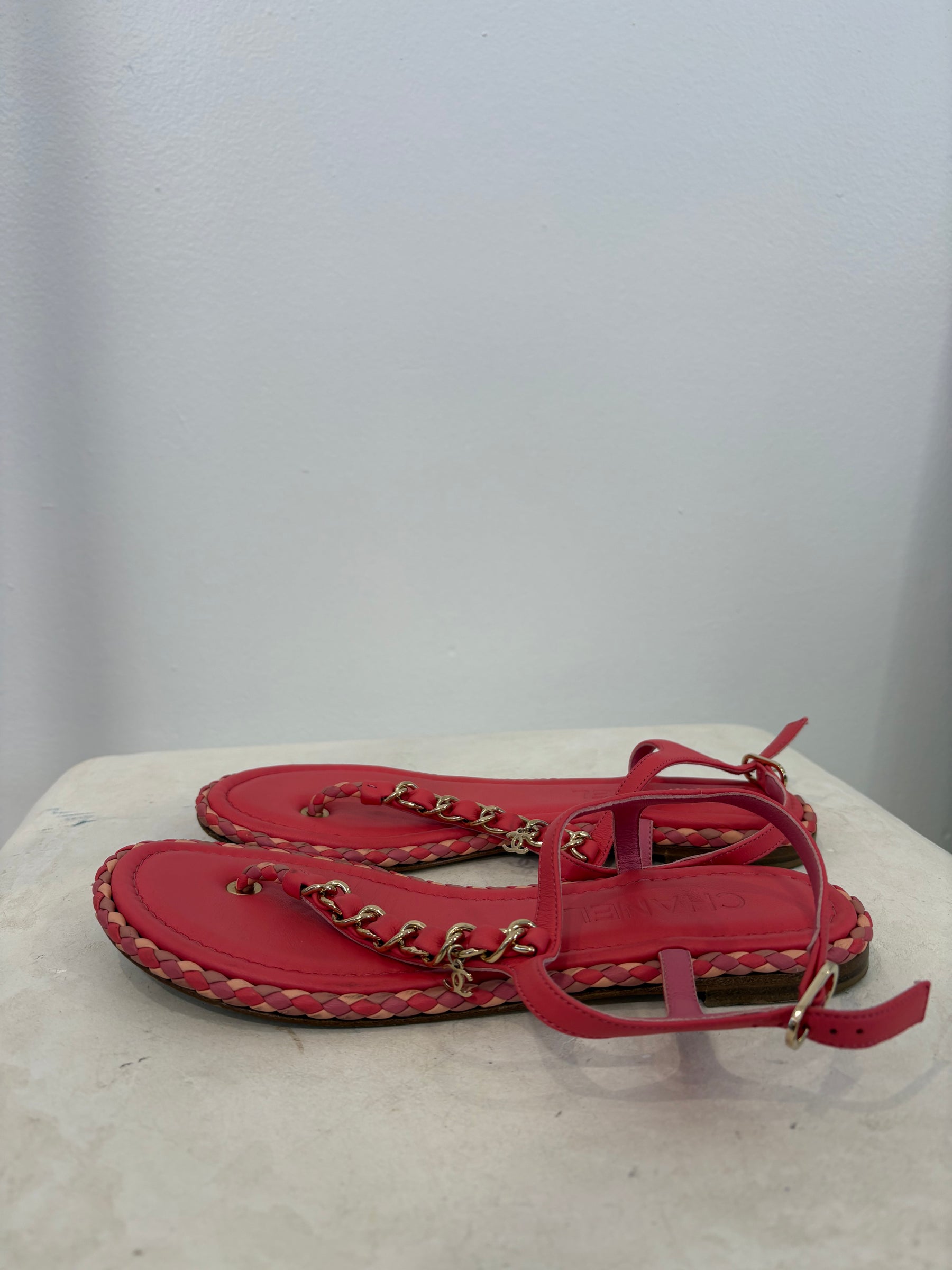 Chanel Pink Leather Chain T Bar Sandals, 37C