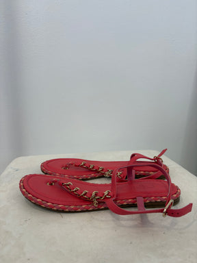 Chanel Pink Leather Chain T Bar Sandals, 37C