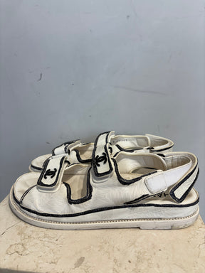 Chanel White Leather Sketch Dad Sandals, 39.5C