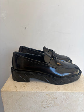 Chanel Black Brushed Leather Heart Logo Loafer, 38.5