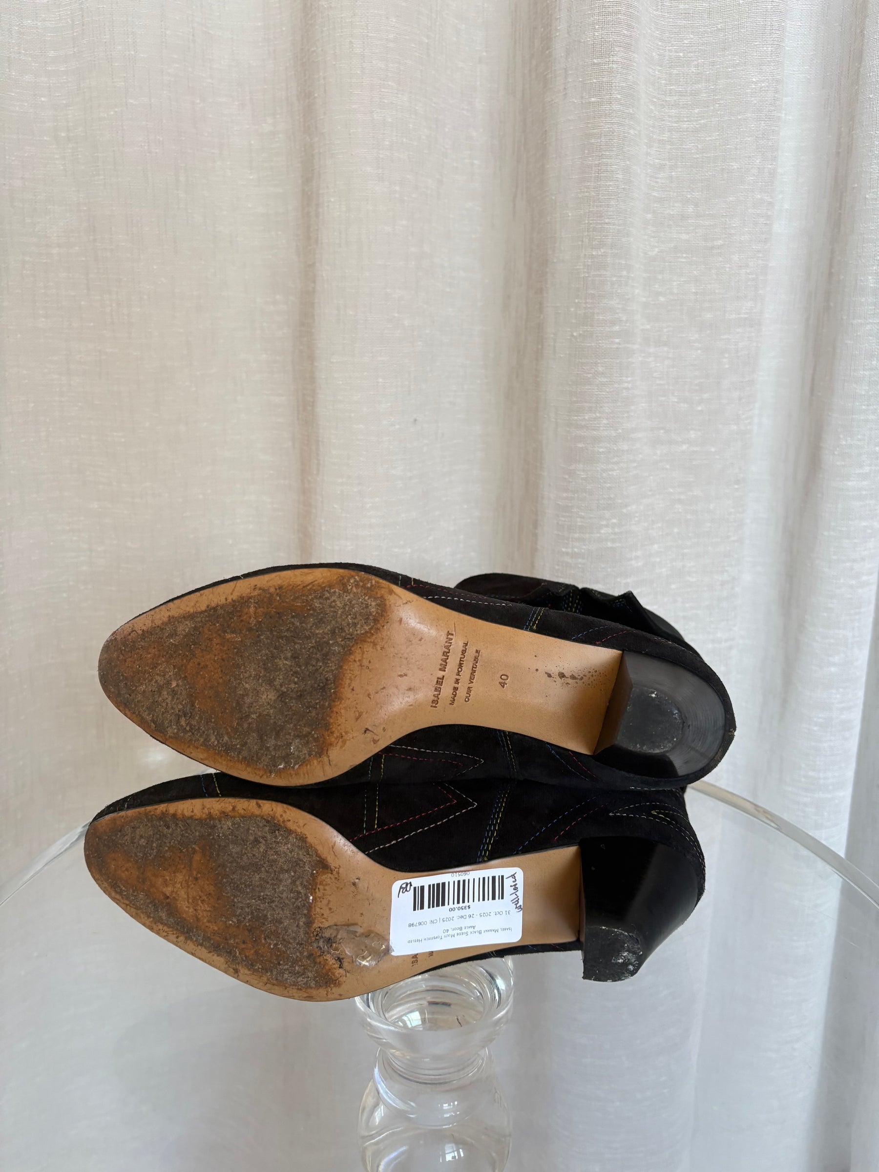 Isabel Marant Black Suede Multi Topstitch Heeled Ankle Boot, 40