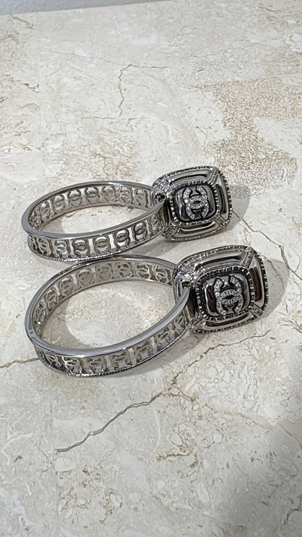 Chanel Silver and Crystal Logo Hoops