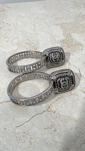 Chanel Silver and Crystal Logo Hoops