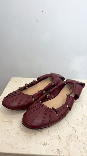 Chloe Burgundy Leather Beaded Cut Out Ballet Flats, 37