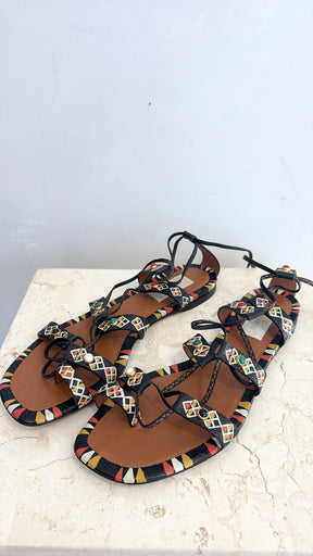Valentino Garavani Black Yellow and Red Studded Strappy Sandals, 38