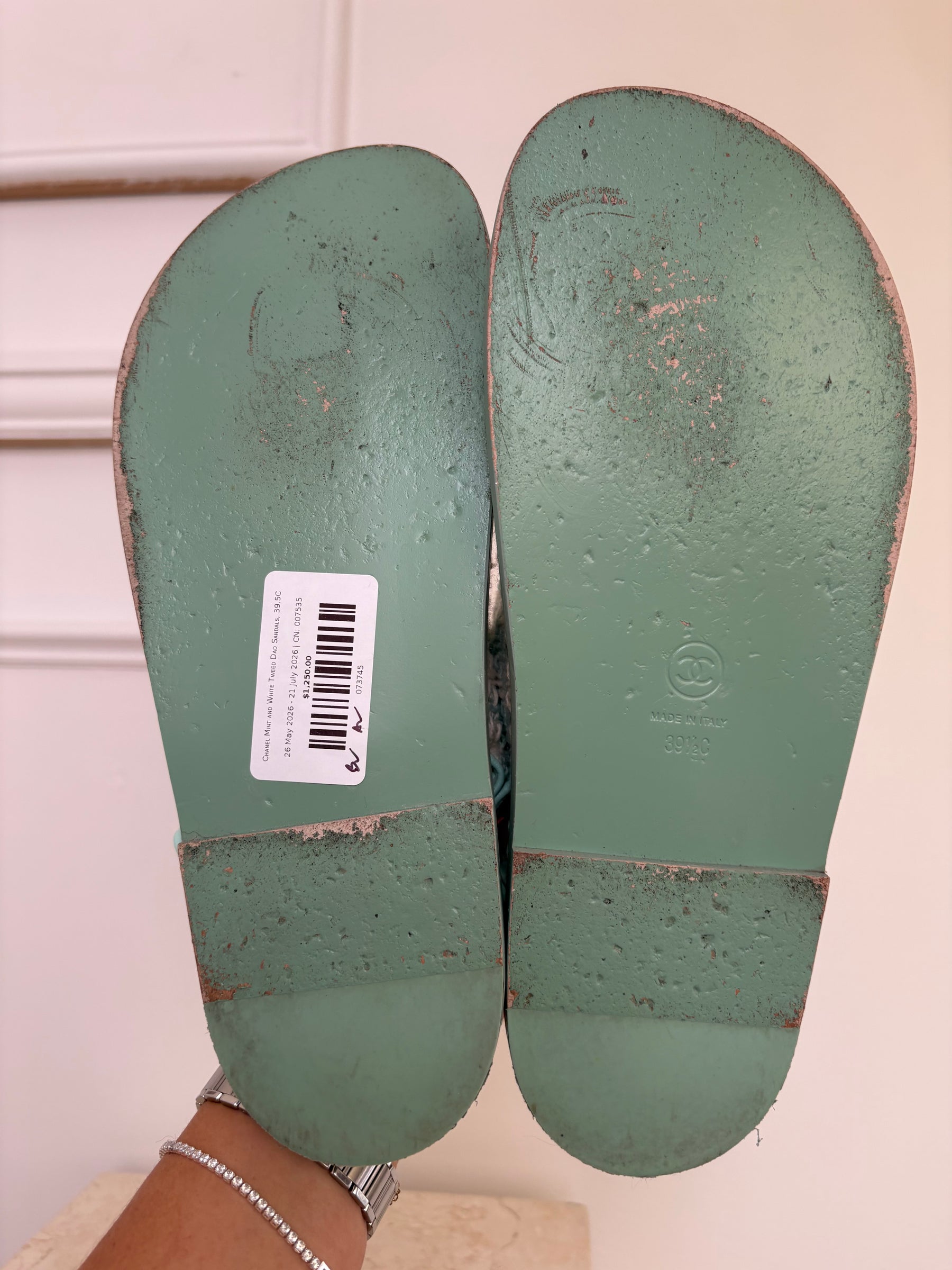 Chanel Mint and White Tweed Dad Sandals, 39.5C