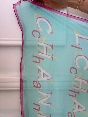 Chanel Aqua and Pink Square Logo Scarf