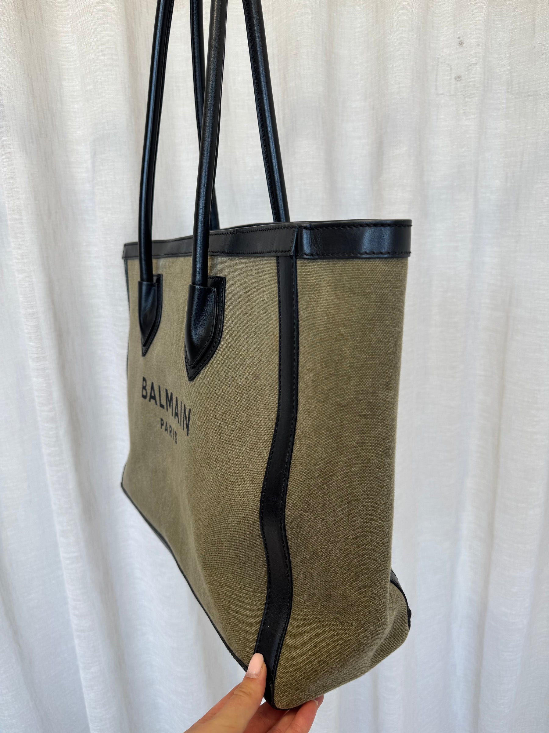 Balmain Khaki Canvas and Black Leather Logo Tote