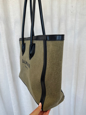 Balmain Khaki Canvas and Black Leather Logo Tote