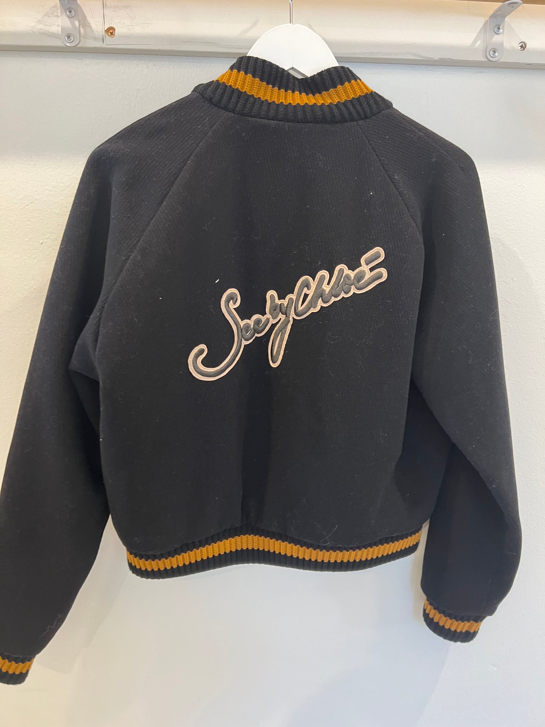 See by Chloe Black And Mustard Trim Bomber Jacket, 40
