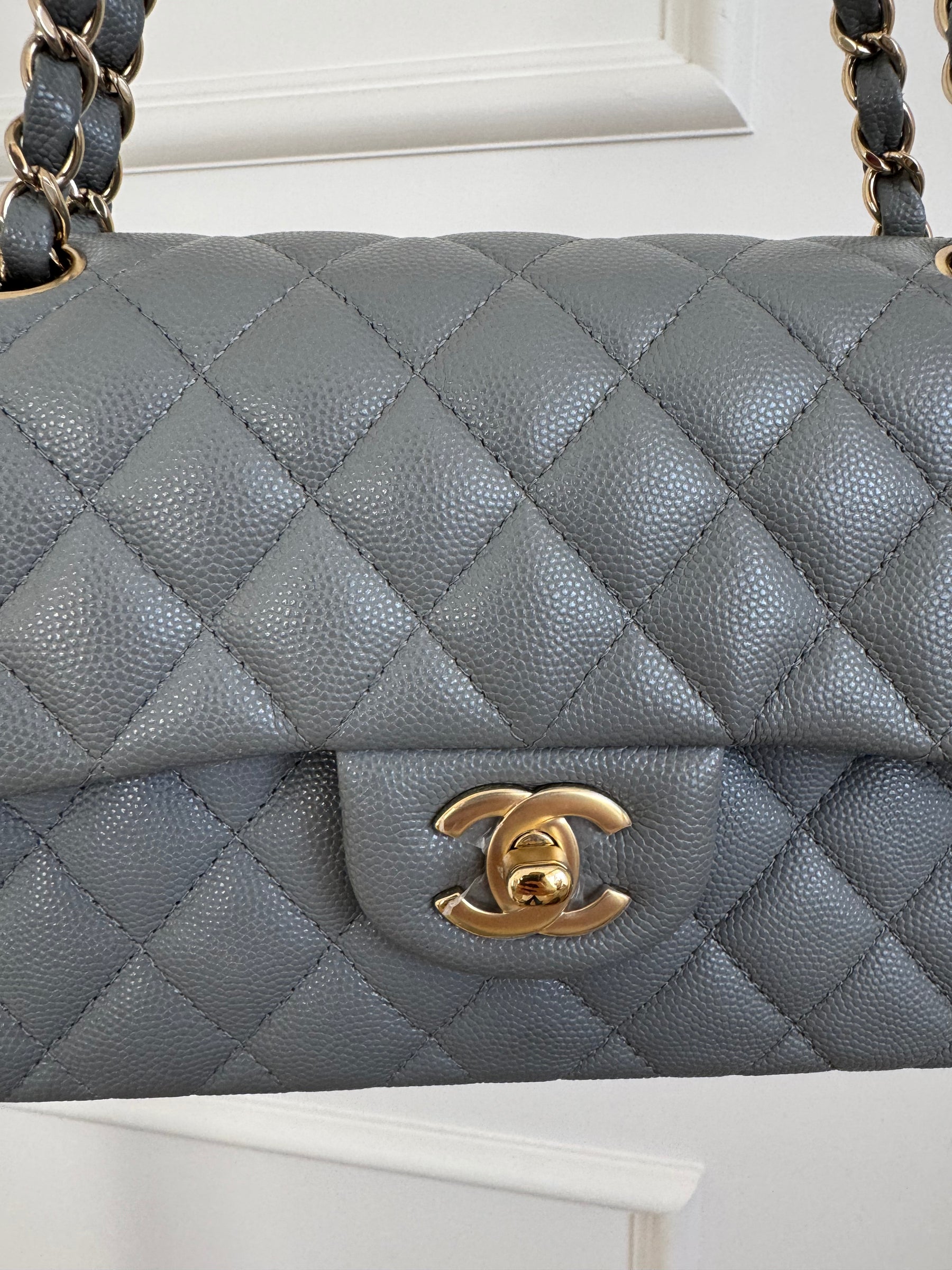 Chanel Small Grey Caviar Leather Flap Bag With Gold Tone Hardware