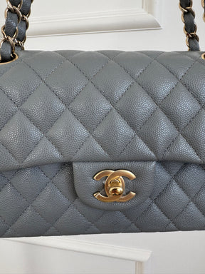 Chanel Small Grey Caviar Leather Flap Bag With Gold Tone Hardware