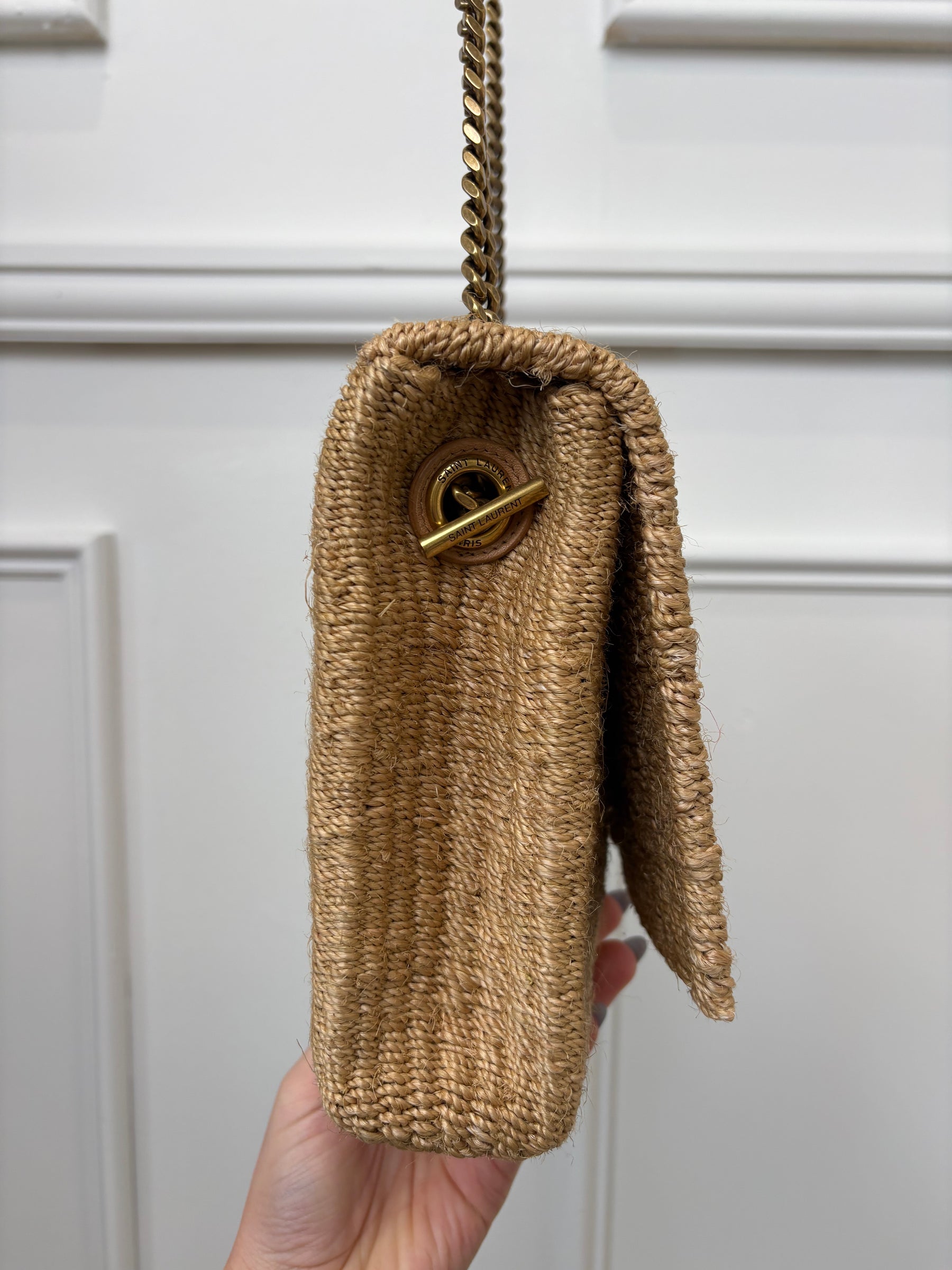 Saint Laurent Raffia Envelope Shoulder Bag Cassandre Logo Chain Strap