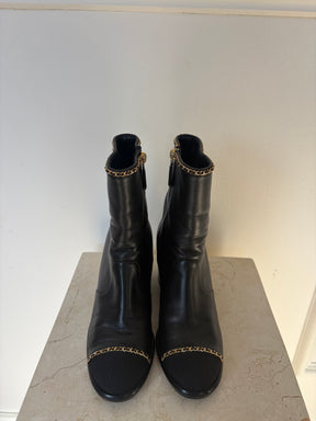 Chanel Black Leather Gold Chain Boots, 36 C