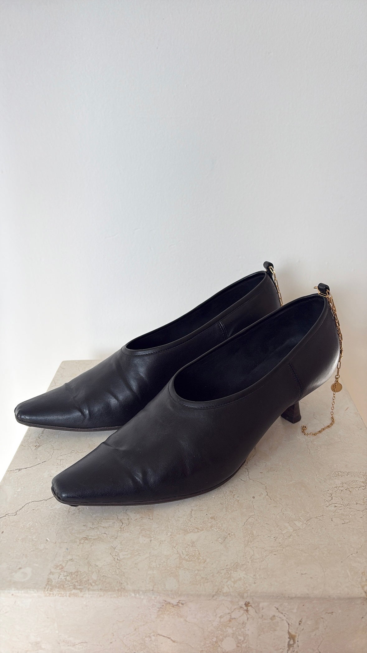 Stella McCartney Black Faux Leather Ankle Chain Pumps, 37.5