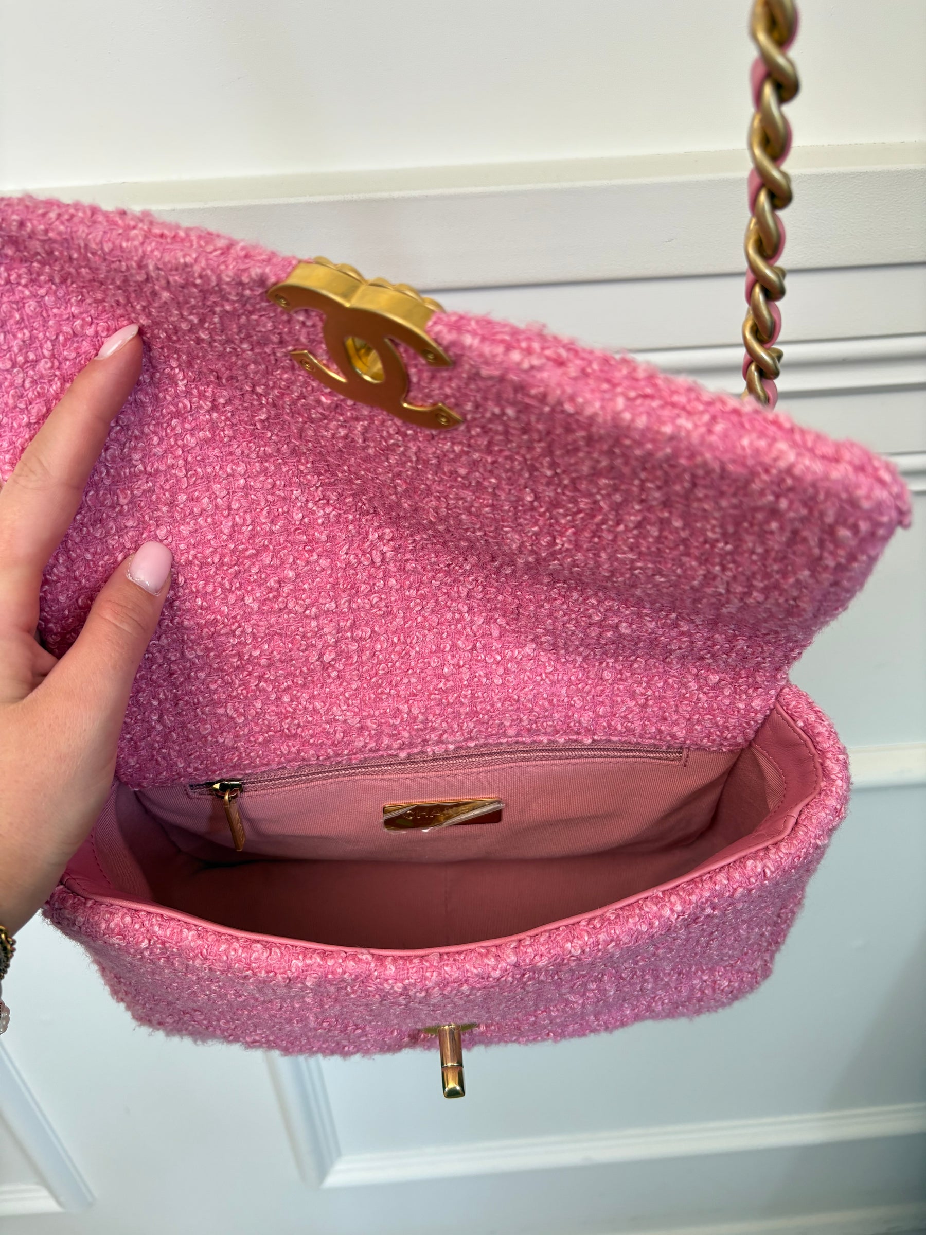 Chanel Pink Tweed Boucle 19 Bag