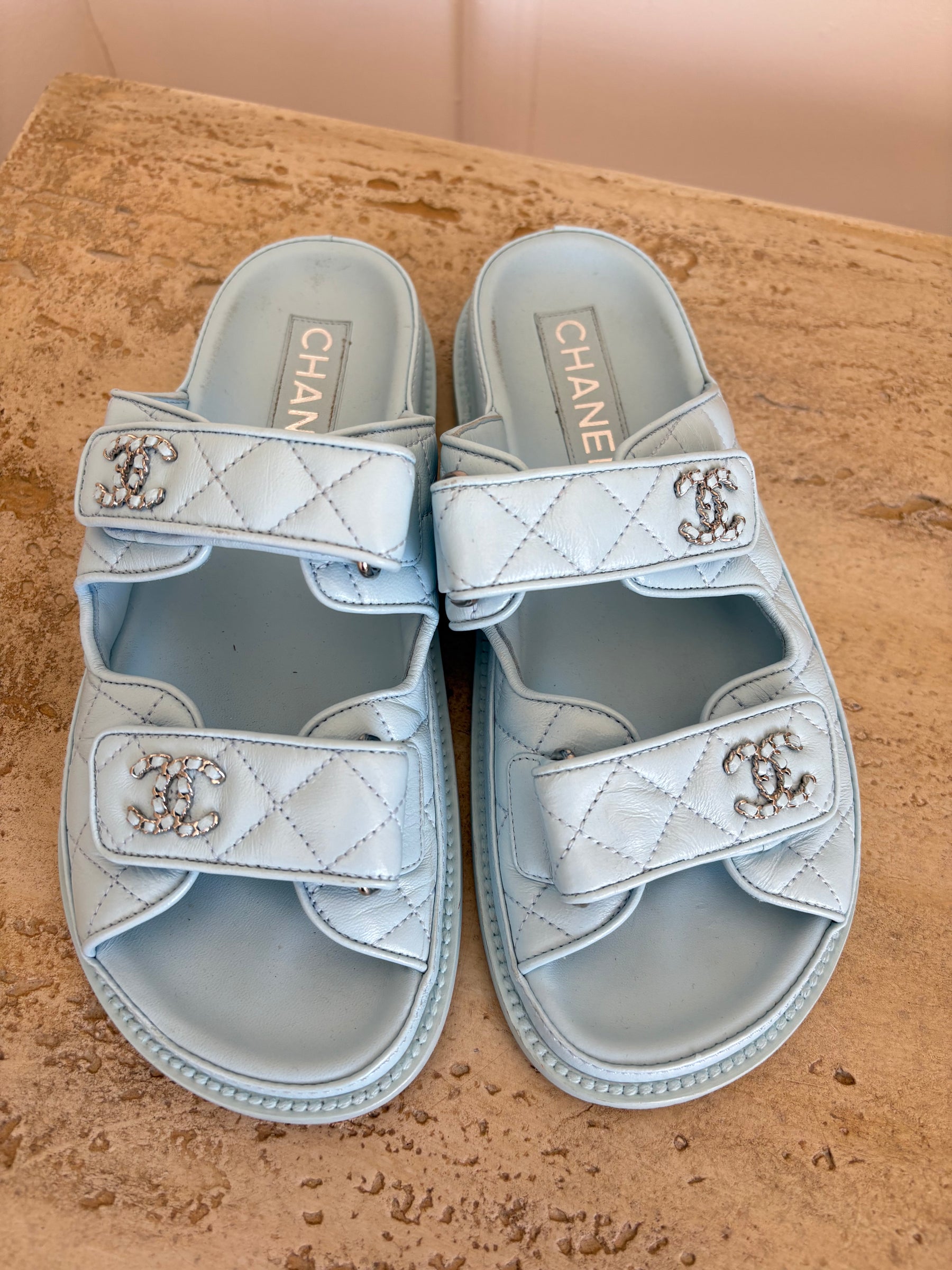 Chanel Blue Leather Backless Dad Sandals, 35.5C