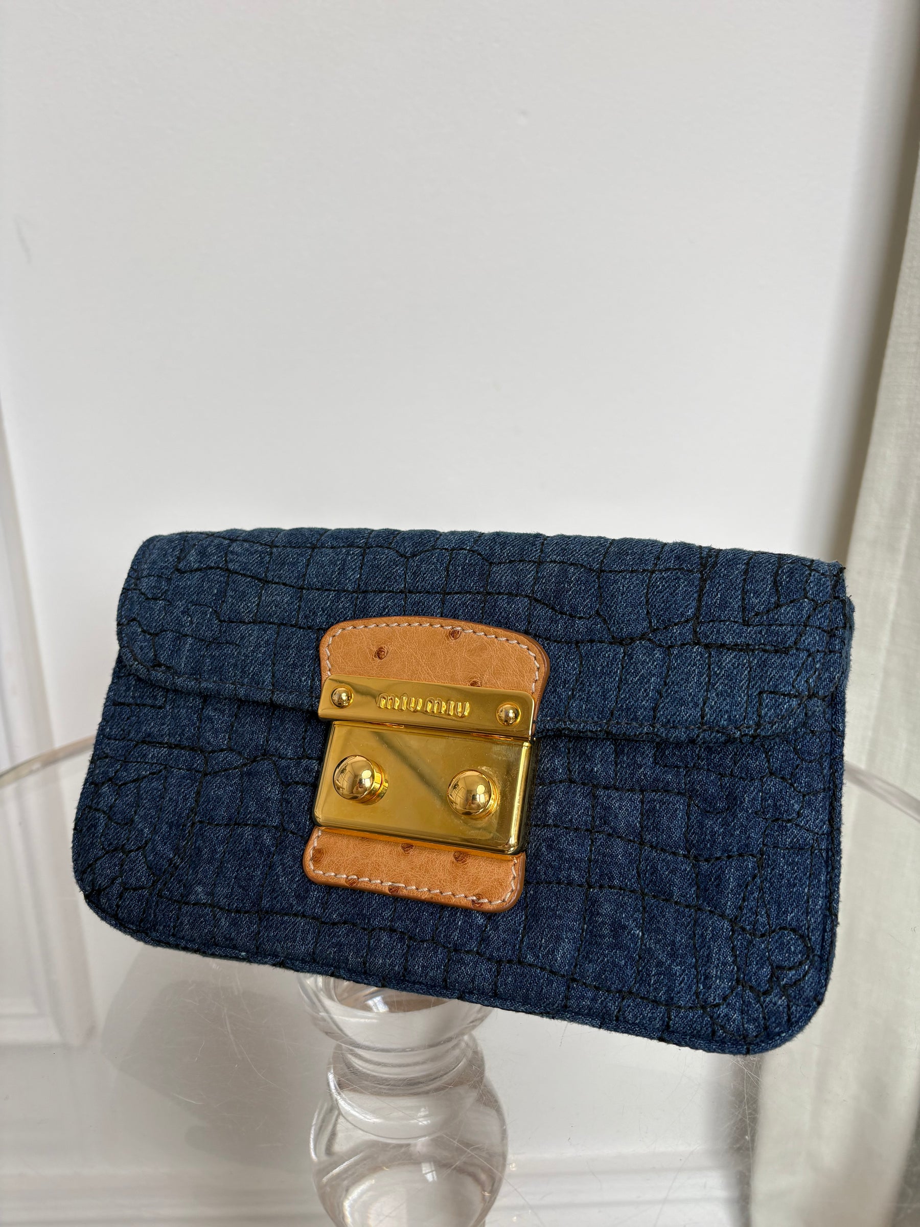 Miu Miu Croc-Embossed Denim Clutch