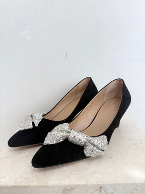 Chloe Black Suede Point Pumps Crystal Embellished Bow, 38.5