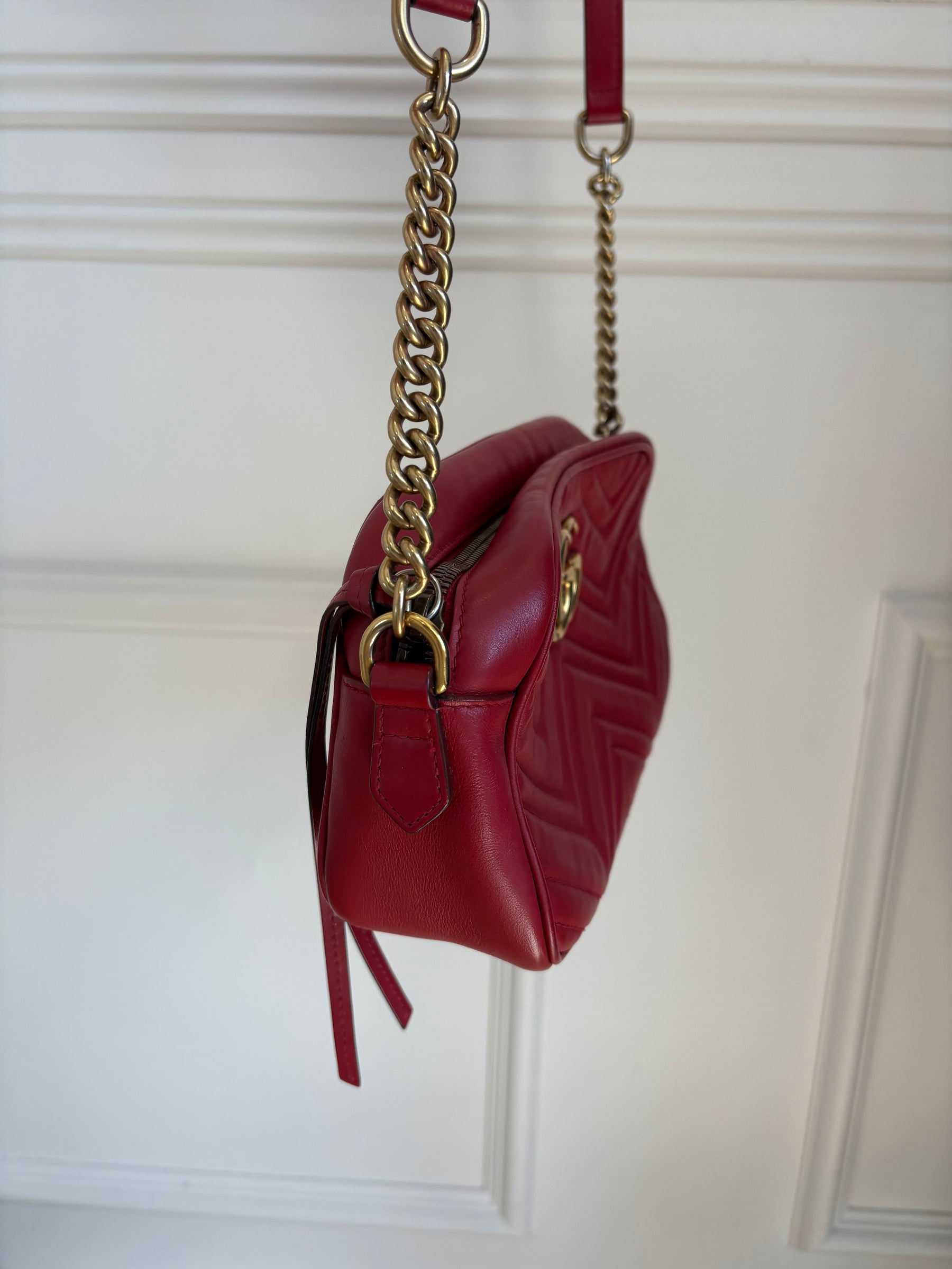 Gucci Red Chevron Quilted Marmont Small Camera Bag