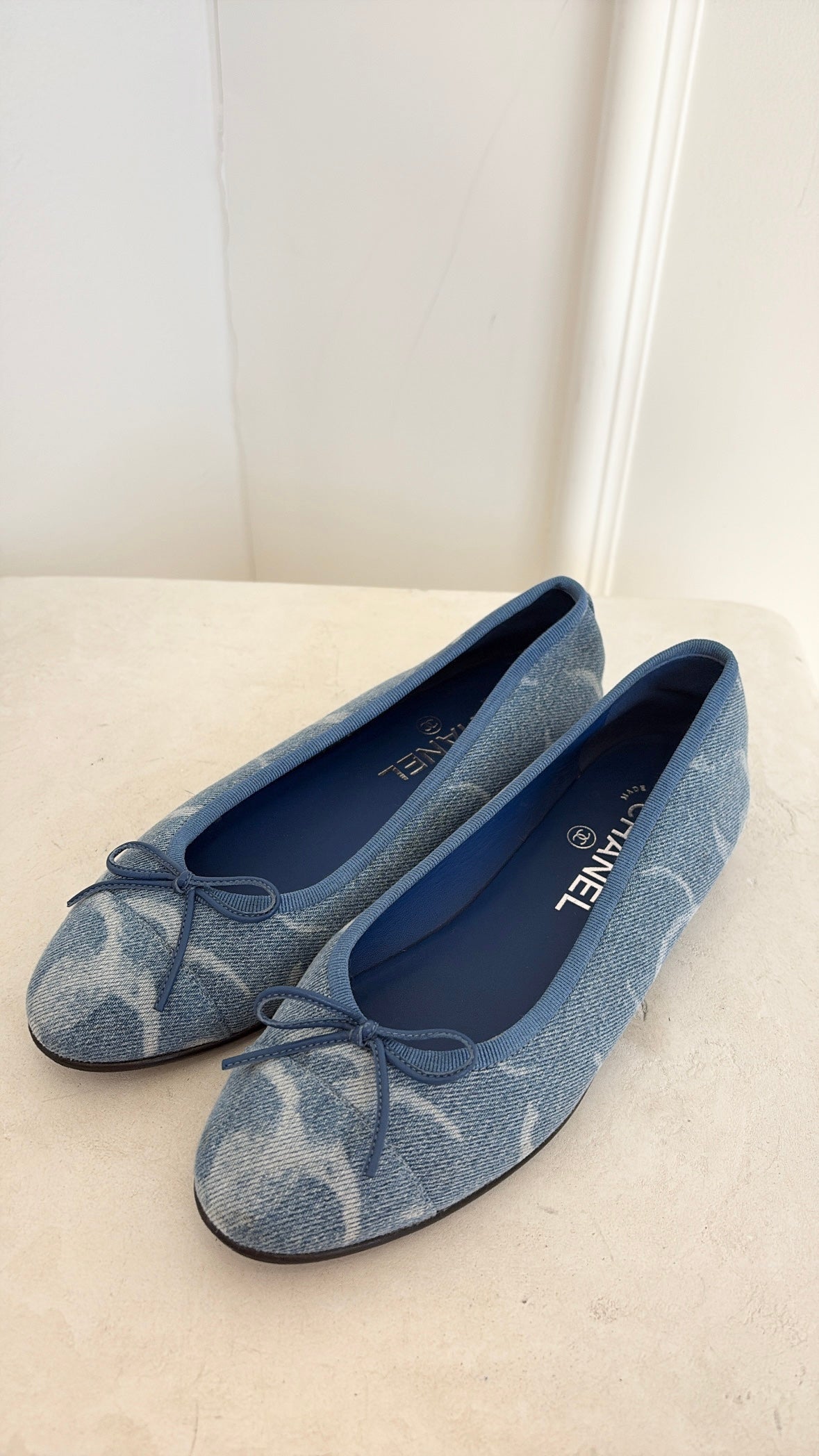 Chanel Blue Denim Logo Ballet Flats, 36.5