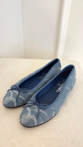 Chanel Blue Denim Logo Ballet Flats, 36.5