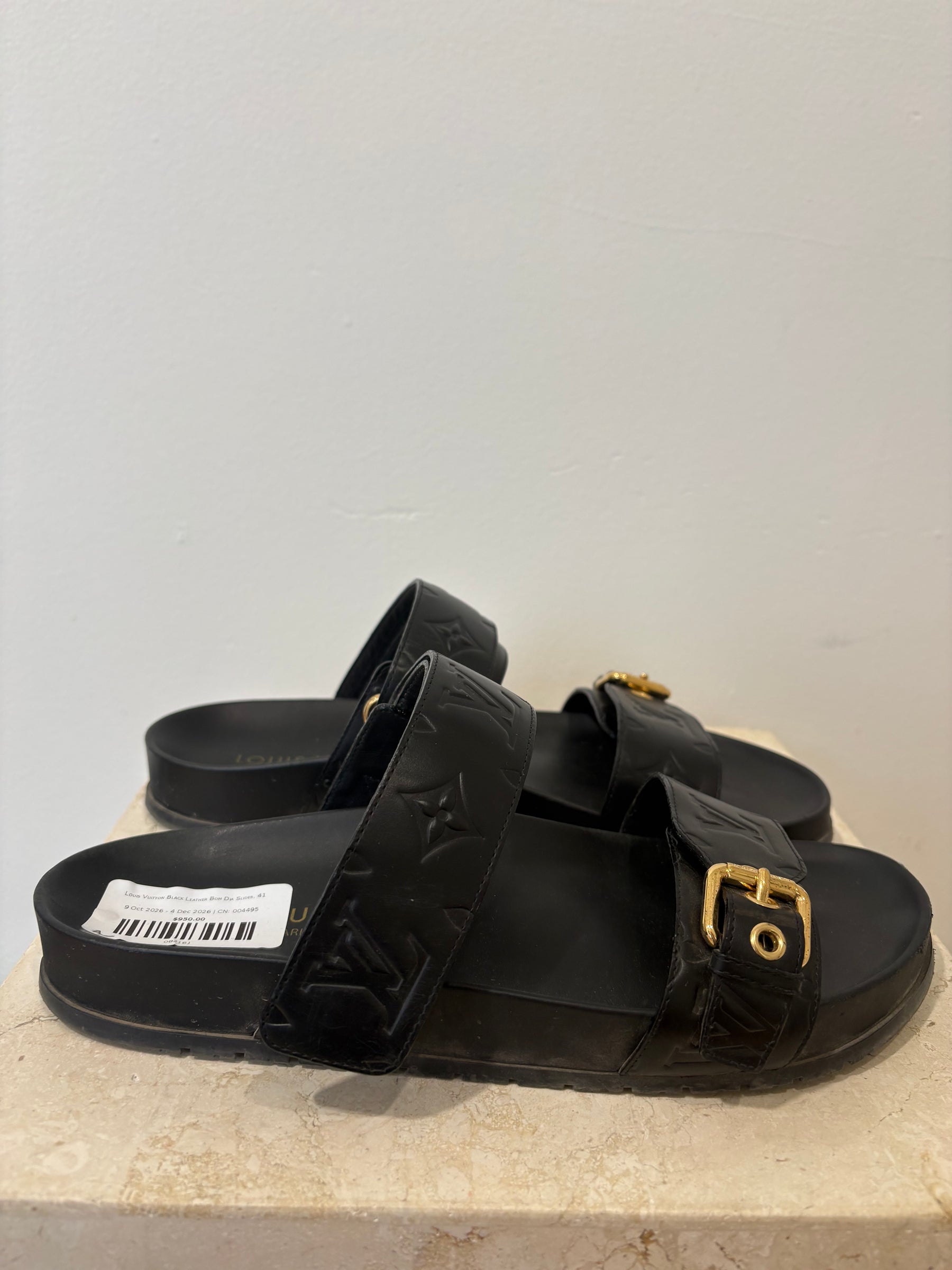 Louis Vuitton Black Leather Bom Dia Slides, 41