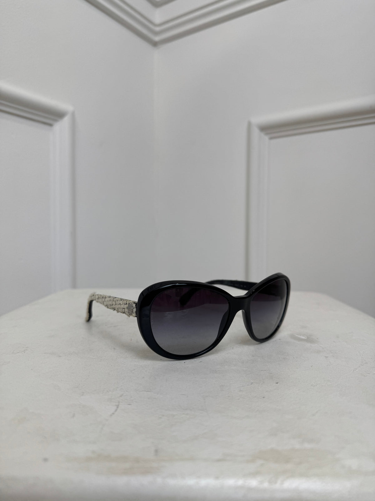 Chanel Black Round Tweed Arm Sunglasses