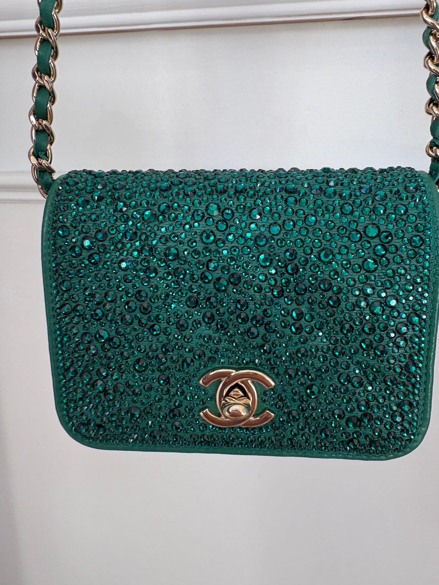 Chanel Emerald Leather and Swarovski Mini Flap Crossbody